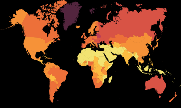 Kaart pure alcohol consumptie in liter per jaar per persoon