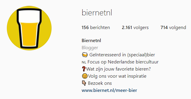 Biernet Instagram profiel in april 2022