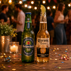 Flesje Heineken 0.0 en flesje Corona op tafel tijdens een feestje in de tuin