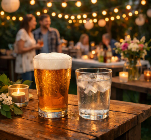 Glas bier en glas water op tafel tijdens een feestje in een sfeervolle tuin