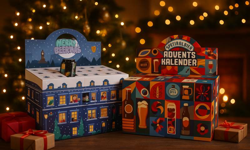 Twee bieradventskalenders 2025 in een sfeervolle kerstsetting