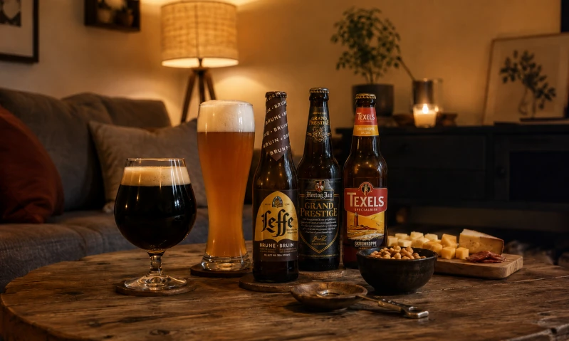 Speciaalbier met Leffe, Hertog Jan en Texels op een houten tafel in een warme woonkamer.