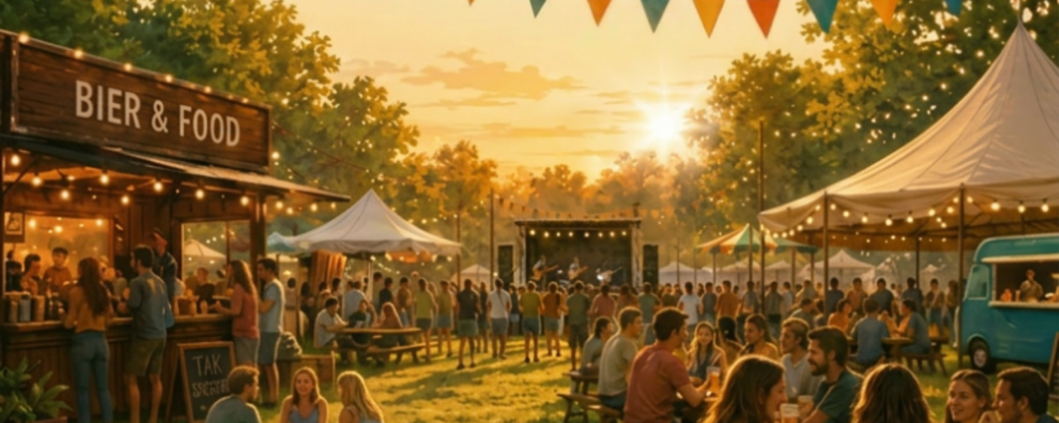 Mensen genieten van een festival met eettentjes en live muziek bij zonsondergang.