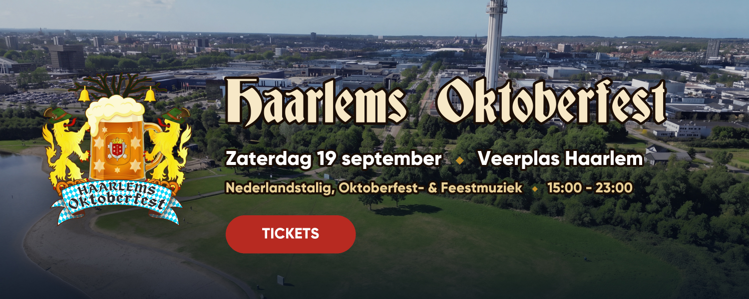 Banner voor Haarlems Oktoberfest met luchtfoto van Haarlem, logo, datum, locatie en ticketknop.