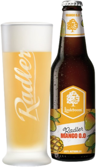 Lindeboom Radler Mango 0.0 flesje en glas