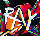 Kleurrijke grafische afbeelding van de tekst Oedipus RAY op een donkere achtergrond.