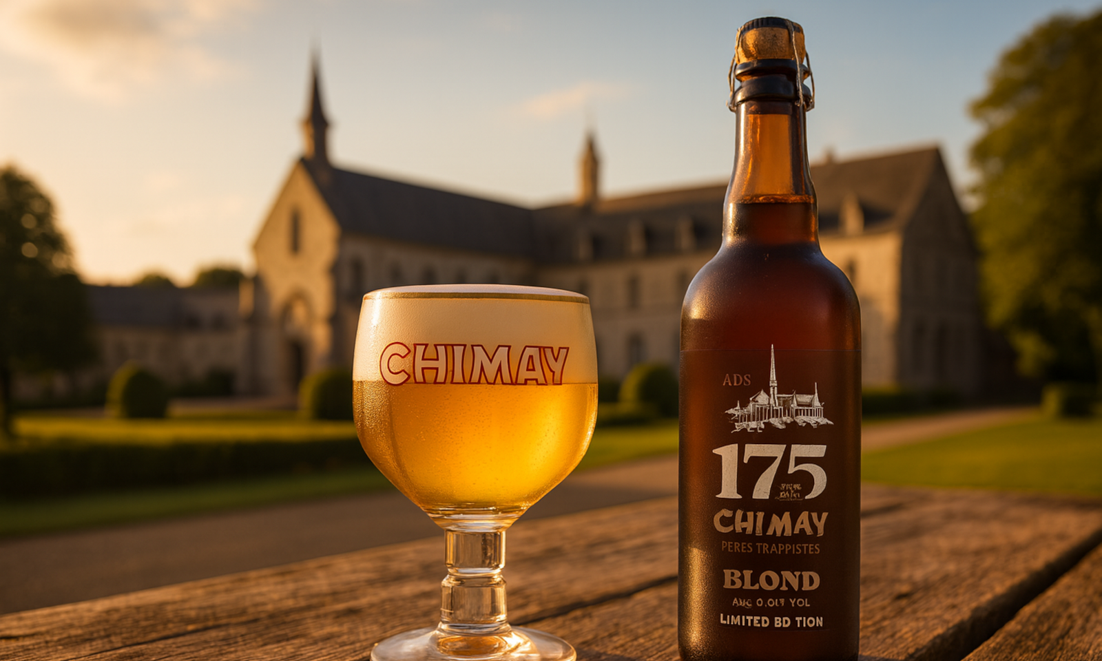Chimay 175 glas en fles buiten de abdij