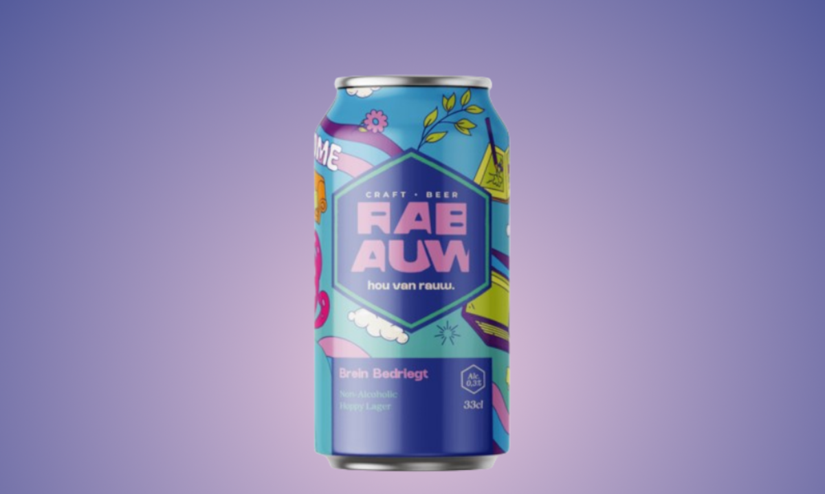 Rabauw Brein Bedriegt blikje op een paarse achtergrond.