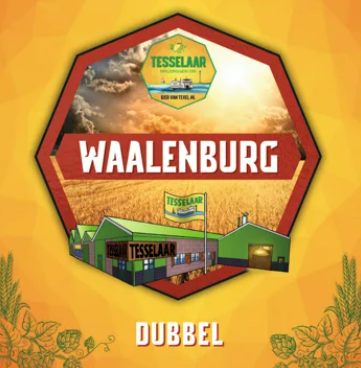Illustratie van Tesselaar Waalenburg Dubbel logo met graanveld en boerderij.