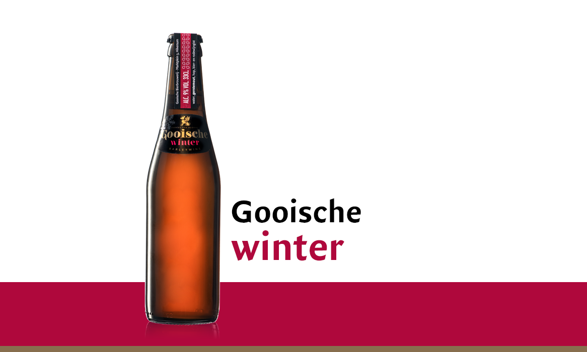 Fles Gooische Winter bier met label in een wit-rode achtergrond.