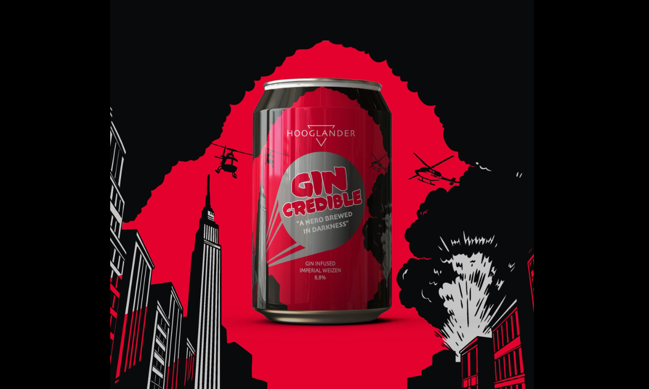 Hooglander GinCredible blik met explosieve achtergrond in stripstijl.