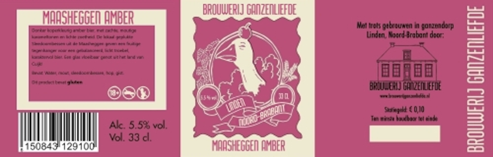 Etiket van Maasheggen Amber bier met een illustratie van een gans en tekst in verschillende kleuren.