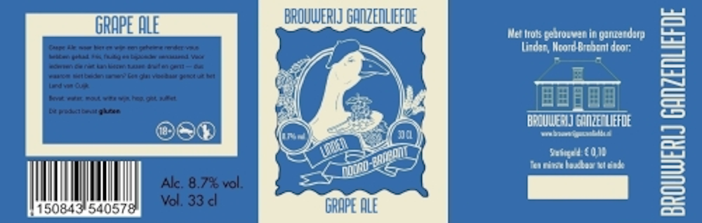 Etiket van Brouwerij Ganzenliefde Grape Ale met blauwe en witte illustraties.