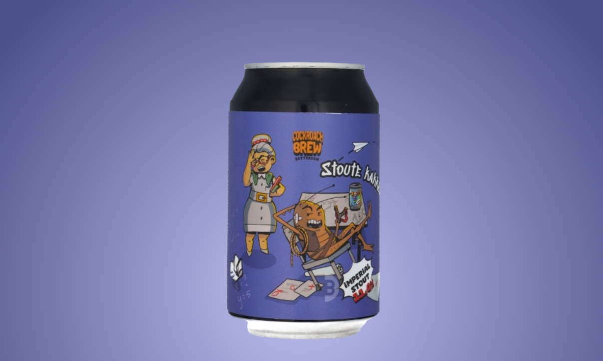 Blikje Cockroach Brew Stoute Kakkerlak met cartoon illustraties tegen een paarse achtergrond.