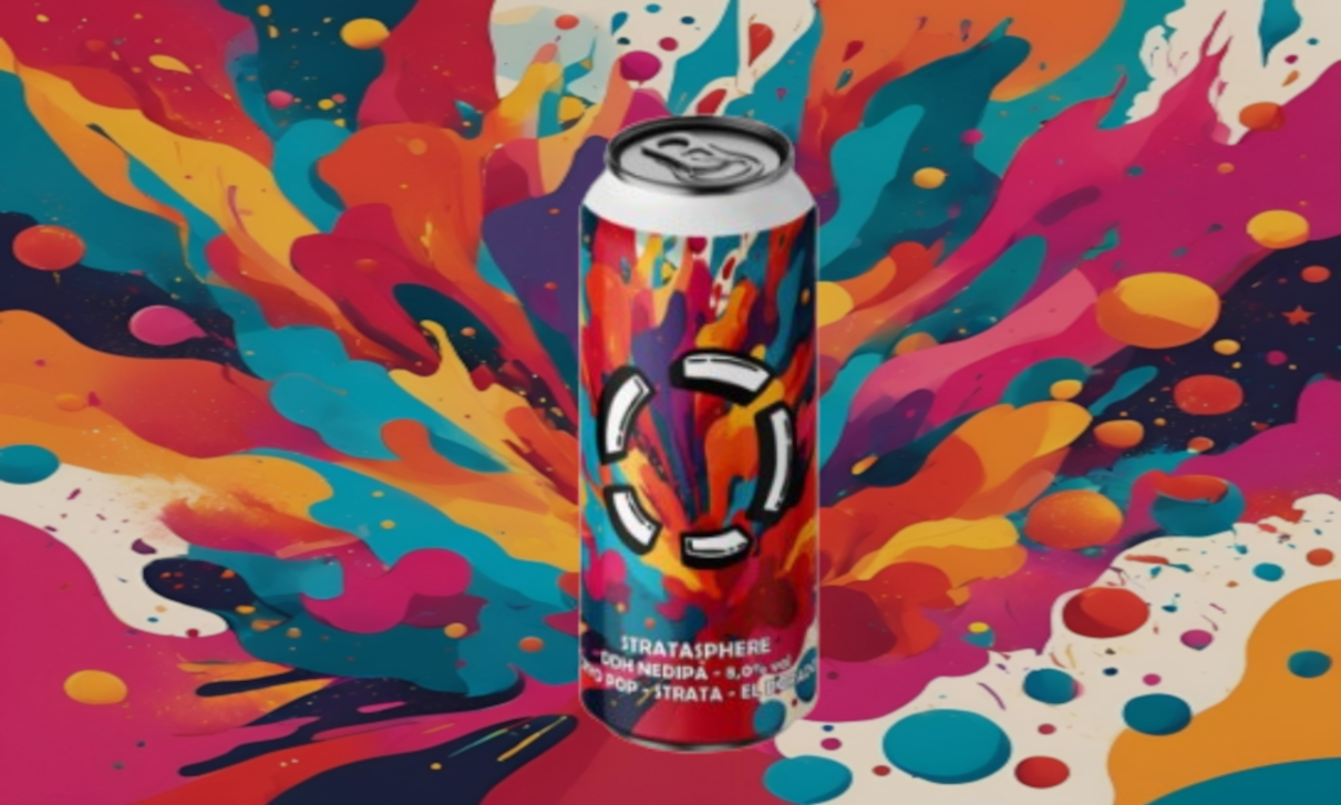 Kleurrijk blikje met abstracte verfexplosie op de achtergrond.