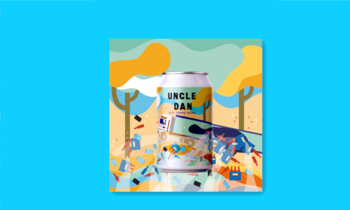 Blik van Eleven x Oersoep Uncle Dan Triple NEIPA met kleurrijke achtergrond van bomen en abstracte vormen.