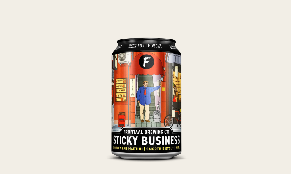 Frontaal Sticky Business bierblik met kleurrijke illustratie van een winkel en persoon.