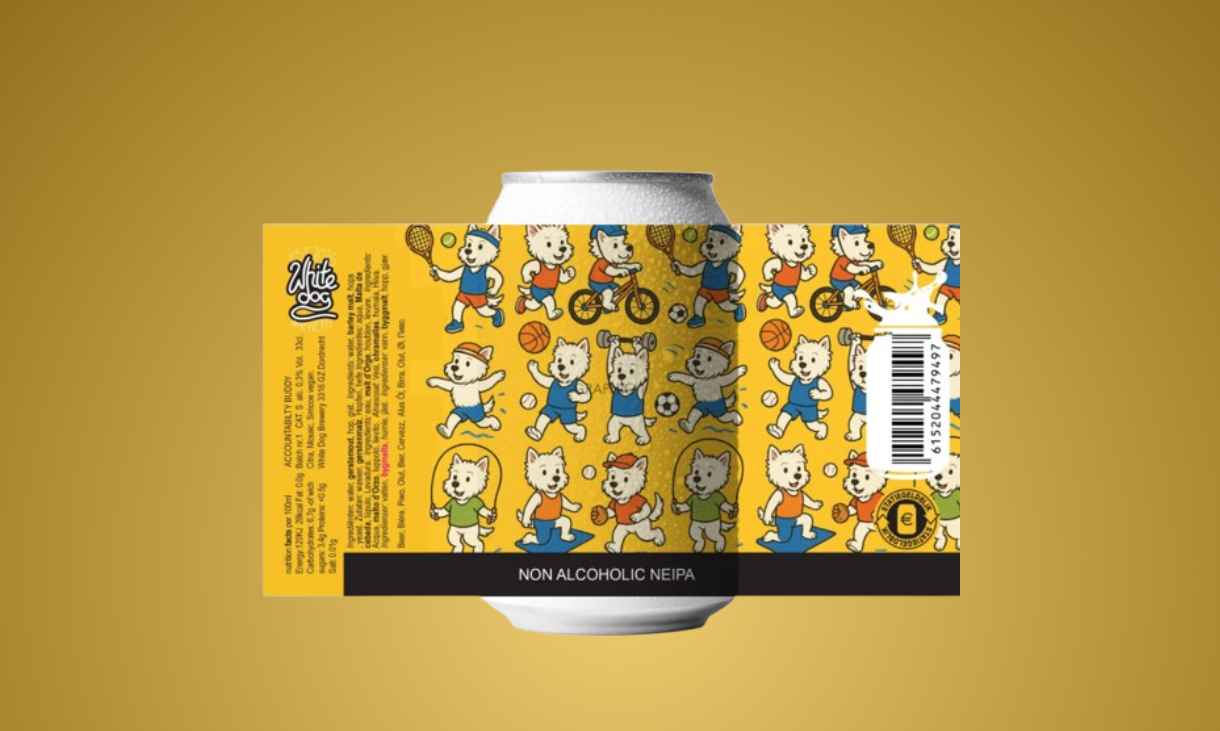 Blikje met vrolijke hondenfiguren die sporten en bewegen op een gele achtergrond.