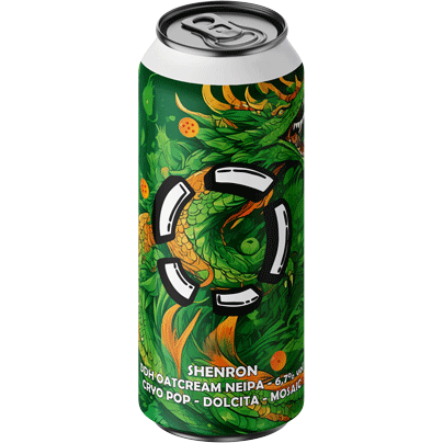 Groene blikje met draak, illustraties en tekst 'Shenron'.