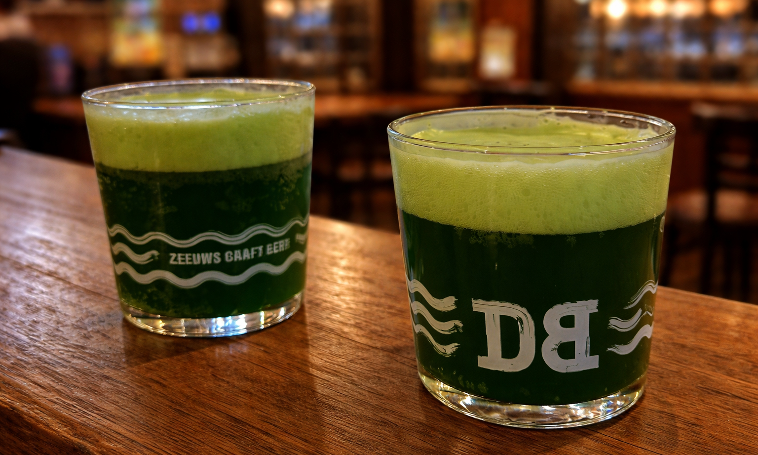 Twee glazen met groen bier op een houten toog in een sfeervolle bar.