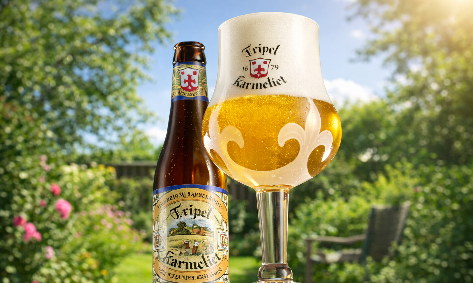 Flesje en glas Tripel Karmeliet bier op een zonnige houten tafel in een tuin.
