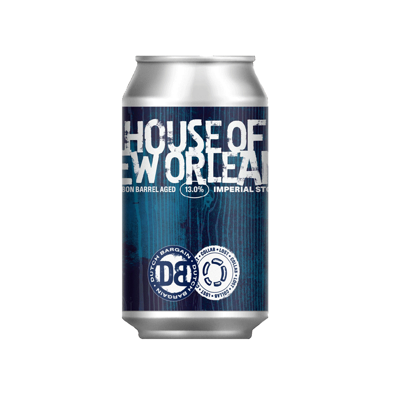 Blik House of New Orleans bier met blauwe en witte opdruk.