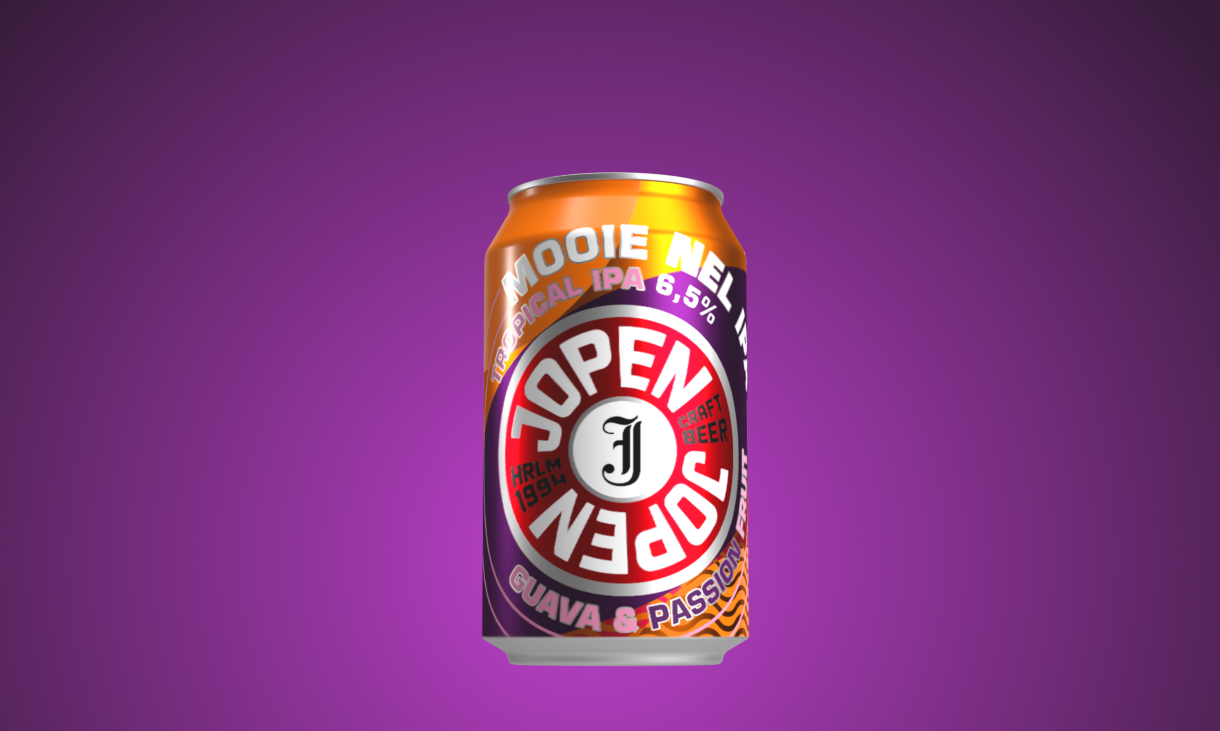 Blik Jopen Mooie Nel Guava & Passion Fruit tegen een paarse achtergrond.