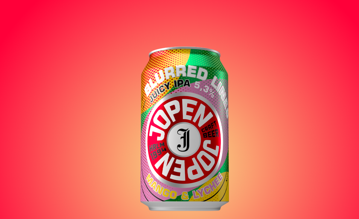 Jopen Blurred Lines Mango & Lychee bierblik tegen een kleurrijke achtergrond.