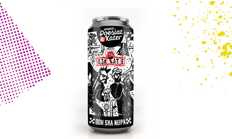 Een blik Poesiat & Kater Eskalatie bier met zwart-wit illustraties en rode accenten.