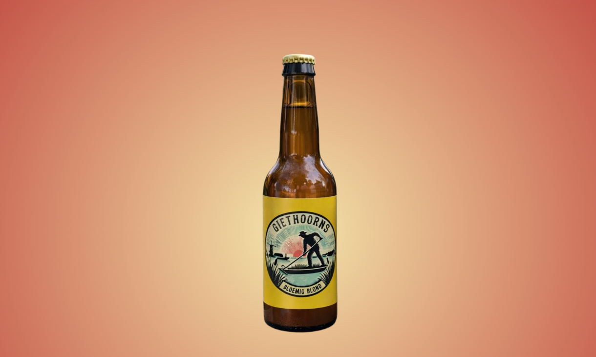 Bruin glazen flesje Giethoorns Bloemig Blond op een oranje achtergrond.