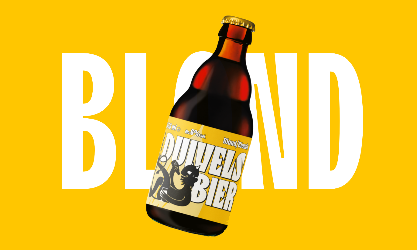 Bierflesje Duivelsbier Blond tegen een gele achtergrond met de tekst 'BLOND'.