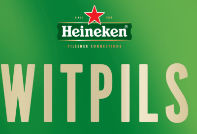 Heineken logo en het woord 'WITPILS' op een groene achtergrond.