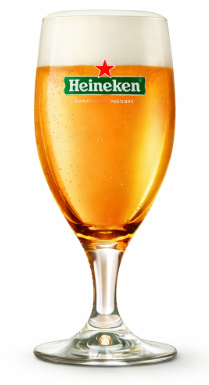 Helder glas Heineken witpils met schuimkraag en logo.