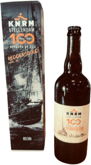 Fles bier en bijbehorende doos van Solaes Reddersgoud met KNRM-logo en jubileumvermelding.