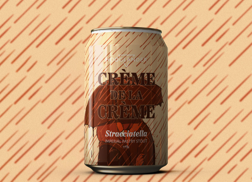 Blik Crème De La Crème Hooglander Stracciatella bier tegen een beige achtergrond.