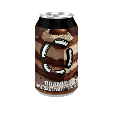 Blikje LOST Tiramisu Imperial Stout met afbeelding van tiramisutaart en logo.