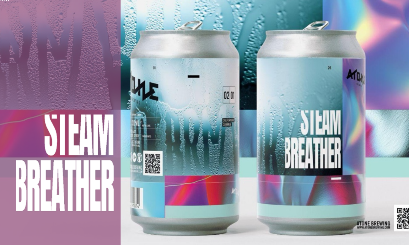 Twee blikjes met een modern ontwerp voor Atone Steambreather bier.