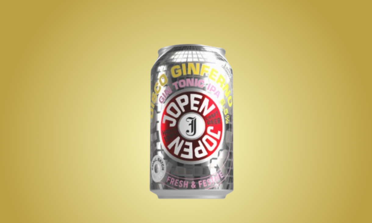 Blik Jopen Disco Ginferno op een gele achtergrond met bubbels en kleurrijke tekst.