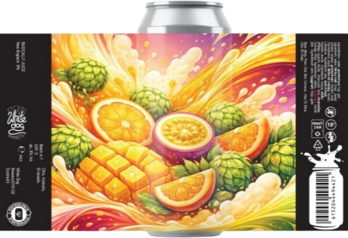 Blikje bier met kleurrijke illustratie van citrusvruchten en hop.