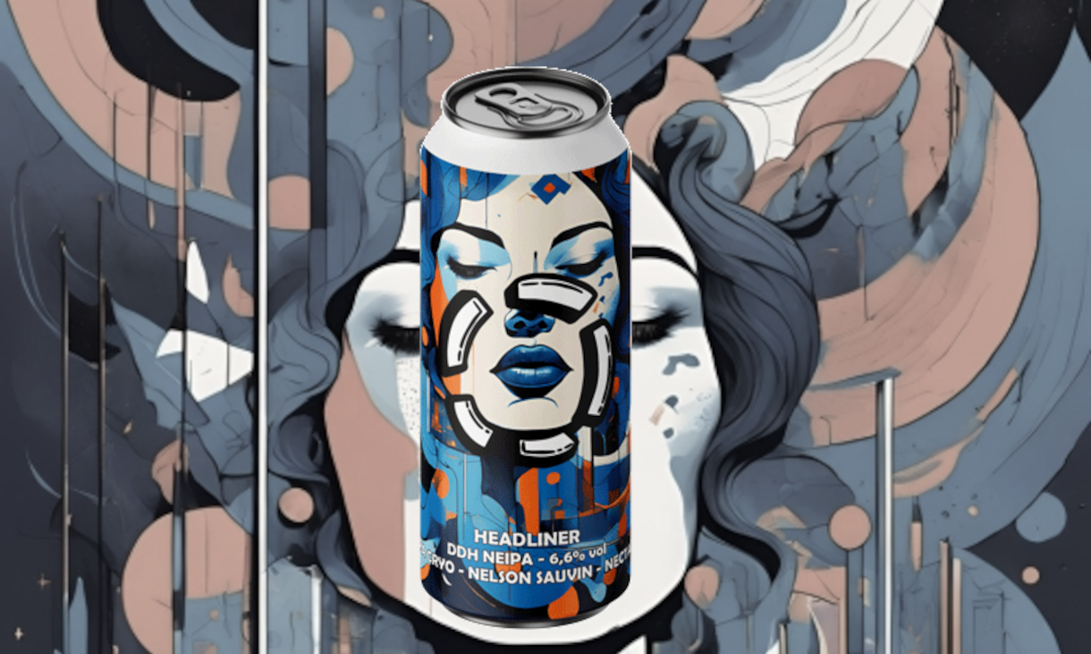 Blikje met abstracte kunst en gezicht tegen kleurrijke achtergrond.