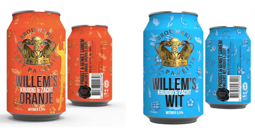 Twee kleurrijke bierblikken van brouwerij het paleisje met de smaken Willem's Oranje en Willem's Wit.