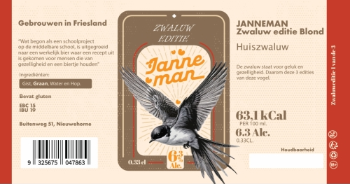 Etiket van Janneman Zwaluw Blond bier met illustratie van een zwaluw.