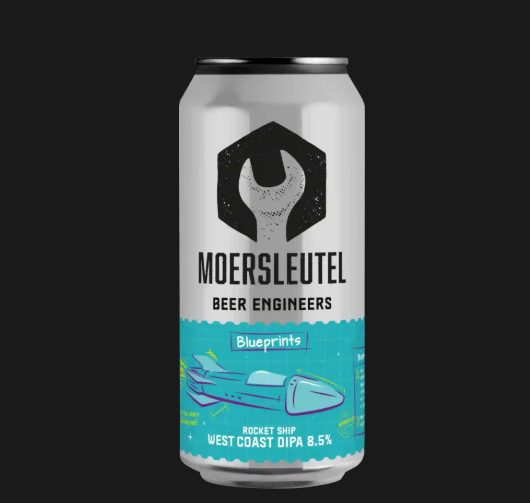 Blikje van Moersleutel Rocket Ship bier met blauw ontwerp en een raket.