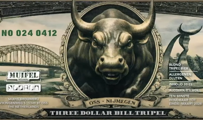 Etiket van Muifel Three Dollar Bill Tripel met een stierenkop en brug.
