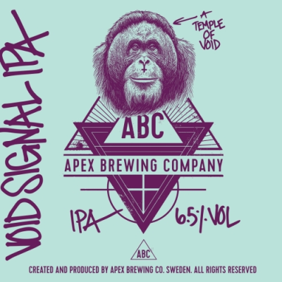 Illustratie van een aap met tekst 'Apex Brewing Company' en 'Void Signal IPA' op lichte achtergrond.