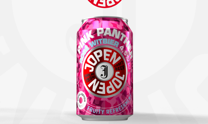 Een roze blikje Jopen Pink Panther rosé witbier met kleurrijk etiket.
