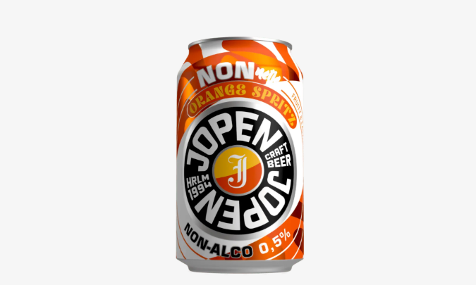 Blikje Jopen NONnetje Orange Spritz non-alcoholisch bier op witte achtergrond.