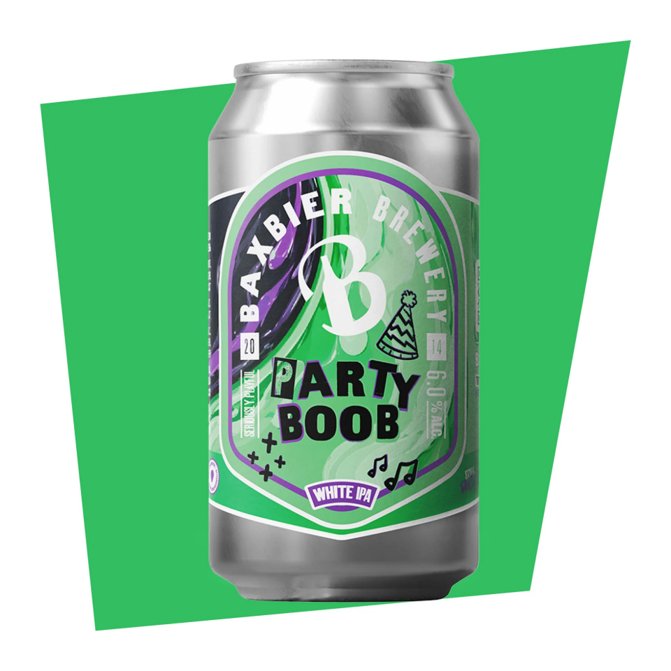 Groen bierblik van Baxbier Brewery met de tekst 'Partyboob' erop.