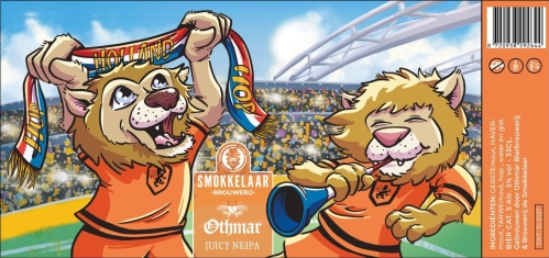 Twee getekende leeuwen in oranje shirts vieren in een stadion met een sjaal en toeter.