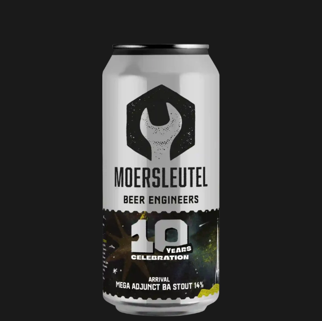 Blik bier van Moersleutel met ontwerp voor 10-jarig jubileum.